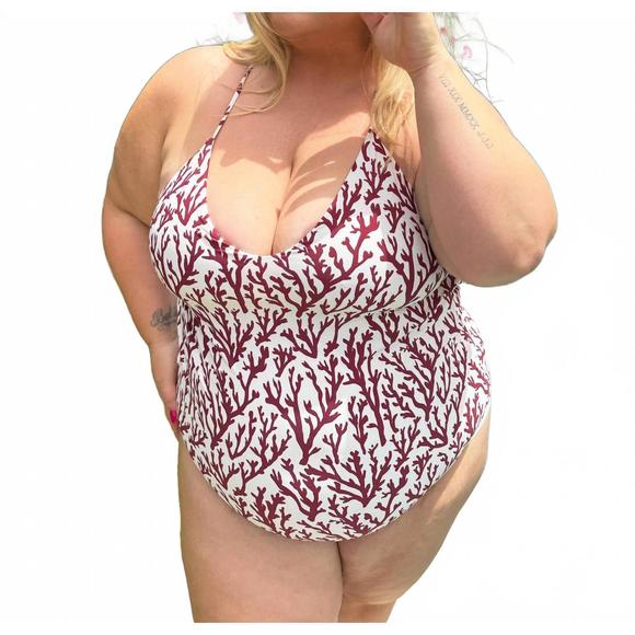 NEW ALICIA SWIM cindy cross back one-piece swimsuit - plus in deep coral - Picture 1 of 4